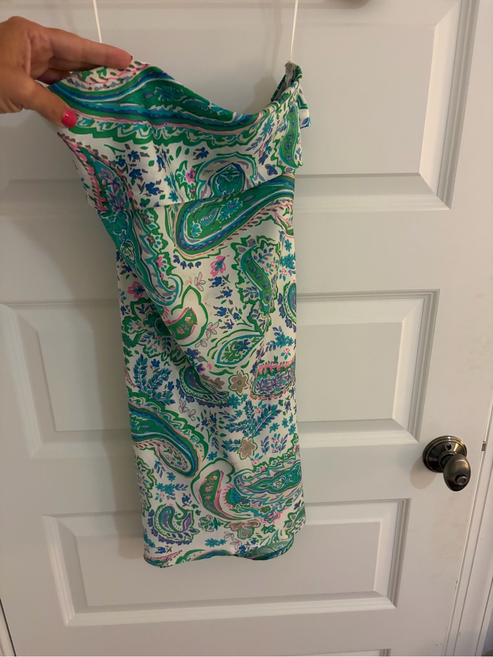 vestique White Floral Strapless Dress with Green & Teal Paisley